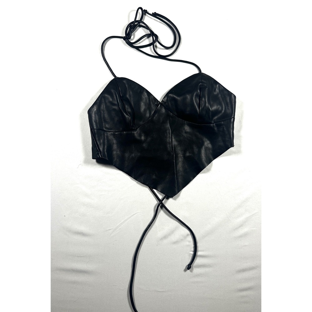 NIA Black Faux Leather Halter Handkerchief Crop Top Small Sweetheart‎ Neckline